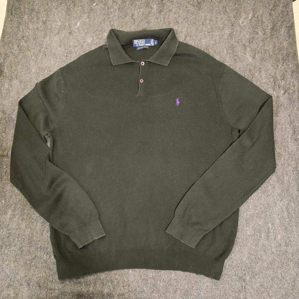 Polo Ralph Lauren Mens Large Green 100% Pima Cotton Long Sleeve Polo Shirt